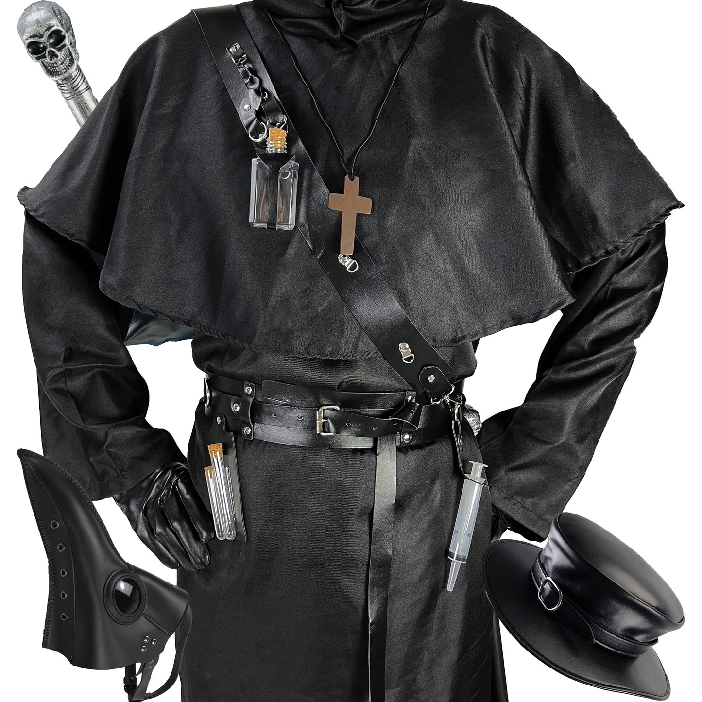 Plague Doctor Costume Set Halloween Props Renaissance Medieval Monk Priest Cosplay Outfit Mask Hat Robe Cane (Black, M)
