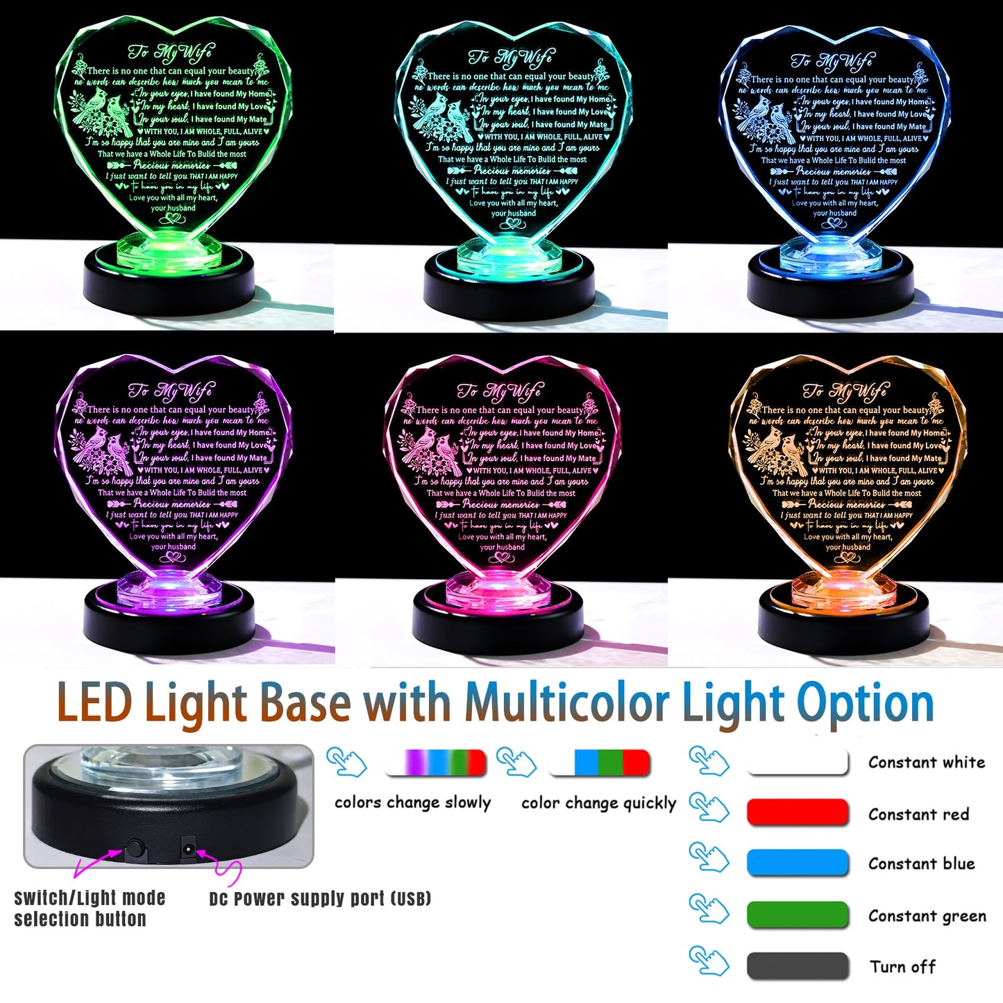Gifts for Wife from Husband - Birthday Anniversary Romantic Presents for Her, Wife - to My Wife Glass Heart Keepsake with Colorful LED Base for Valentine's Day Mothers Day
