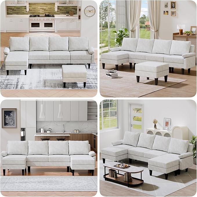 Topcomfy U-Shaped Sectional Couches for Living Room, Convertible 4 Seat Modular Sectional Sofa Set with Ottoman, Modern L Shaped Couch with Chaise for Bedroom Apartment and Office, Chenille White