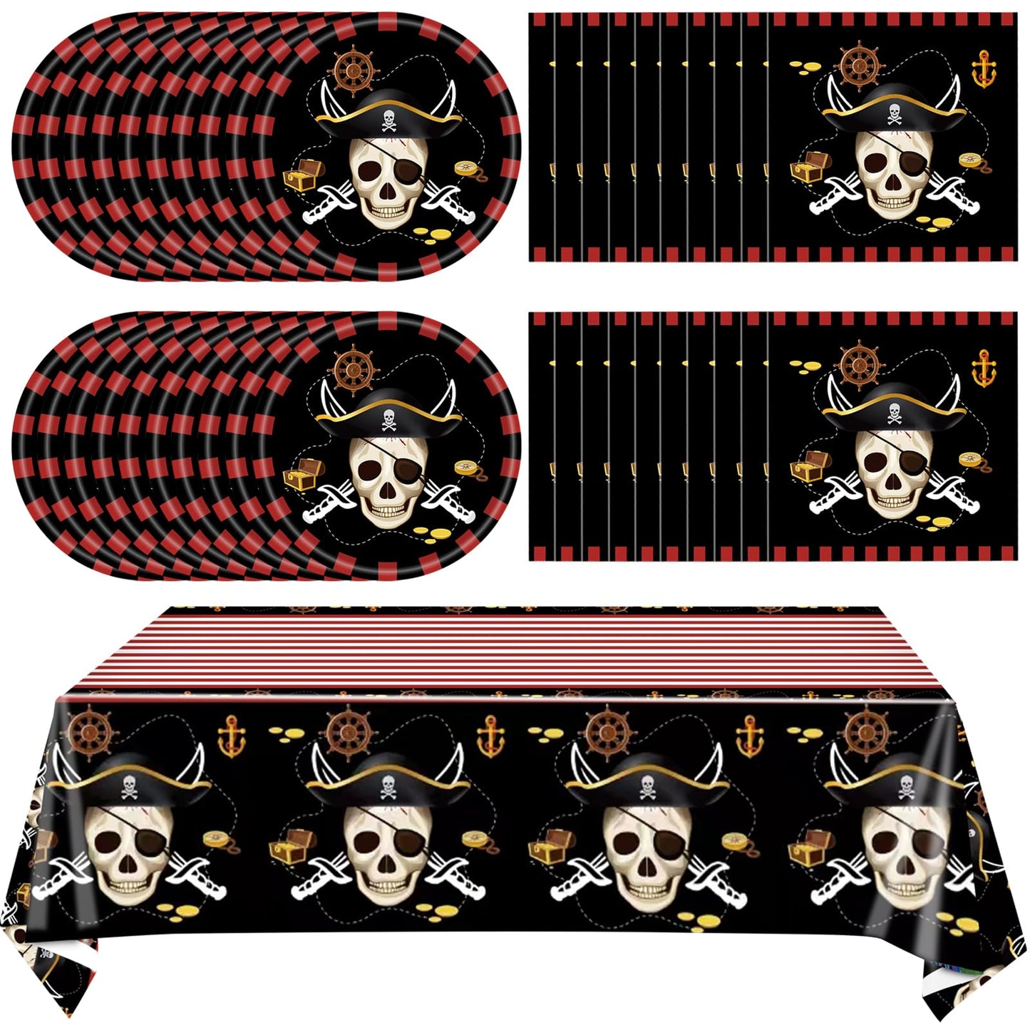 Ryzovo 41pcs Pirate Tableware Set Includes 20 Plates, 20 Npkins and 1 Tablecloth, Pirate Ship Theme Party Supplies Decorations Pirate Dinnerware for Adult Teens Kids Table Decor, 20 Guests