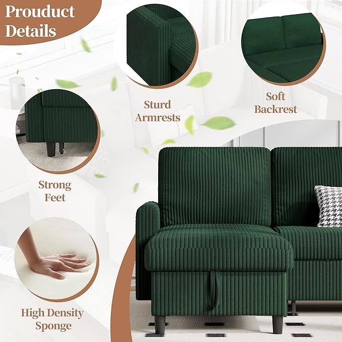 Nuturelly Sectional Sofa Couch Bed L Shaped Sleeper Sofa Bed Pull Out Bed with Storage, Reversible Sectional Couches for Living Room, Apartment, Office(Green)