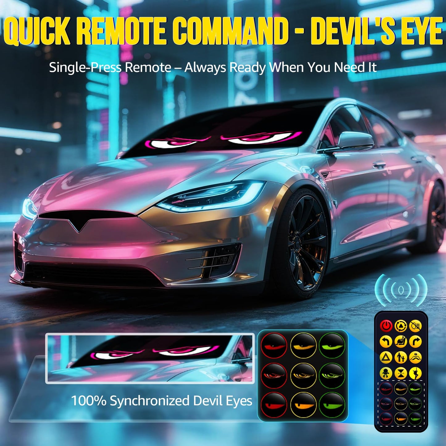 Devil Eyes Light 2PC for Windshield-23.42x4.72IN HCYHNB Programmable LED Eyes [Advanced Chip, 100% Synced Dual Screen] 5V USB Powered, App/Remote Control, Windshield Eyes Animated for Cars/Trucks/SUVs