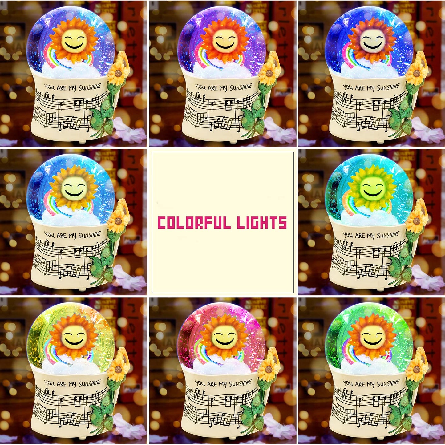 Sunflower Music Box Snow Globe, for Mom Wife Girlfriend Grandma Women Girls Anniversary Birthday, Flower Snowglobe Musical Box with Light Play You are My Sunshine