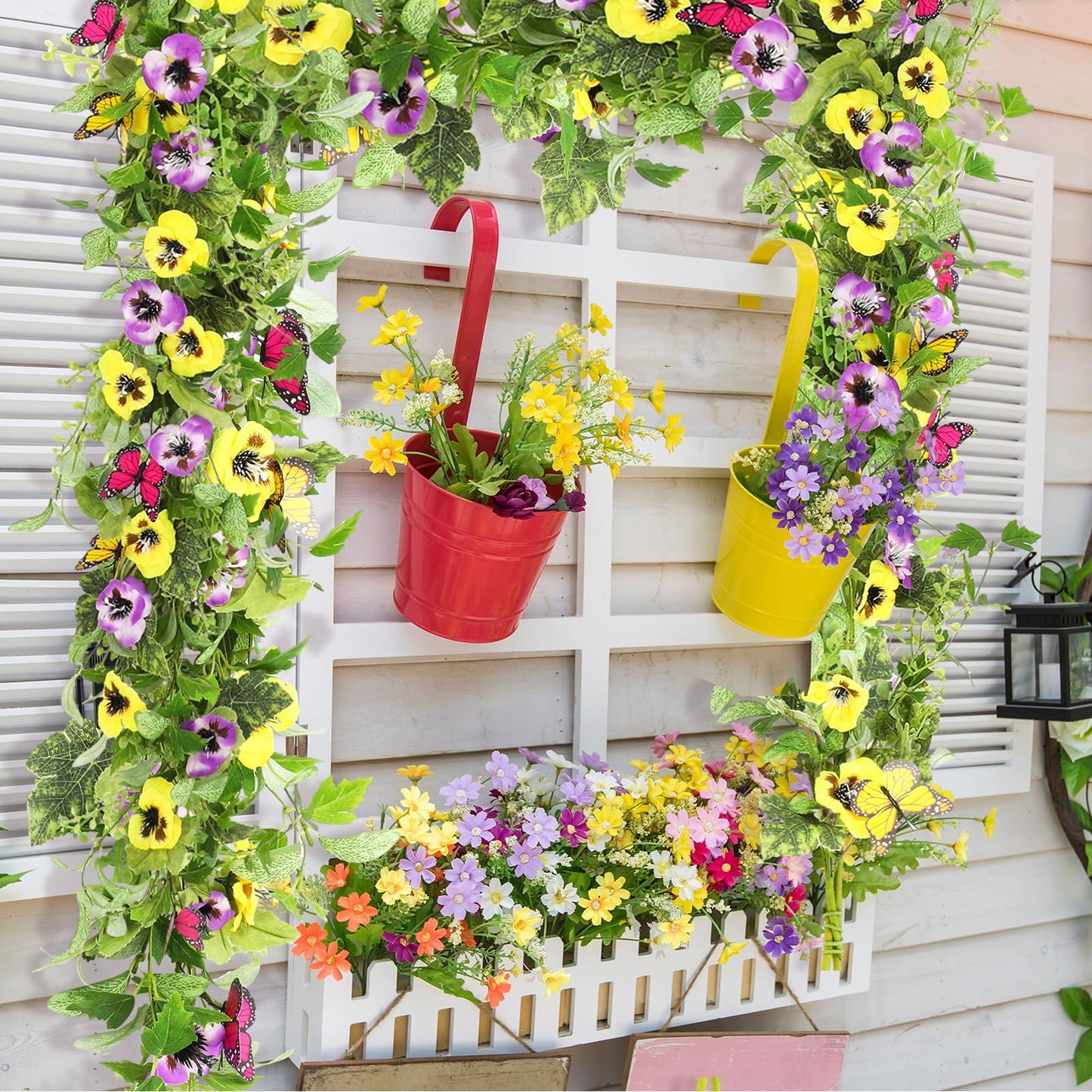 XunYee 2 Pcs 6 ft Artificial Summer Flower Garland for Mantle Pansy Flower Butterfly Eucalyptus and Ivy Leaves Wreath Garland for Farmhouse Home Stairs Fireplace Summer Indoor Decor