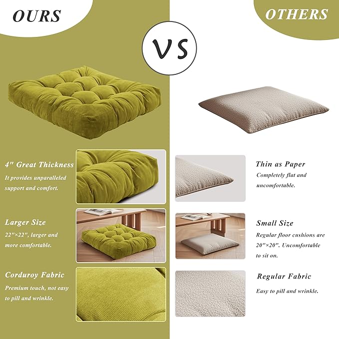 FlyGulls Meditation Floor Pillow 22×22 Inch 2 Pack Large Floor Cushions for Adults Square Tufted Corduroy Floor Pillows for Yoga Living Tatami Room Green