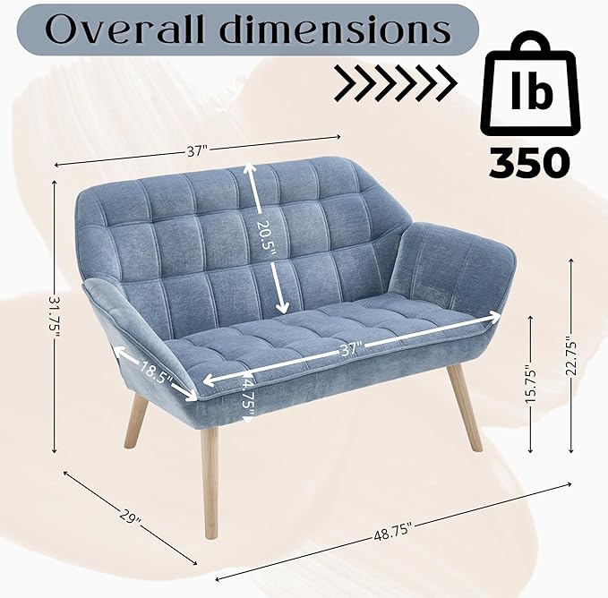 Hyfirm Small Loveseat Sofa, 48 inch Chenille Love Seat for Living Room Comfy Mini Couch with Wood Legs for Small Spaces Bedroom Apartment Office, Blue