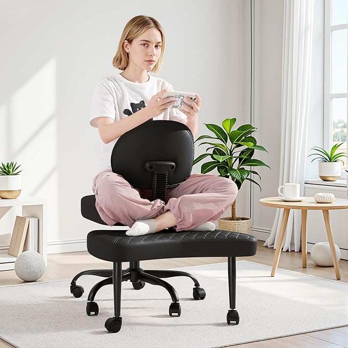 GUNJI Ergonomic Criss Cross Legged Office Chair, 360° Swivel Meditation Kneeling Chair with Wheels, ADHD Chair with Footrest, Lumbar Support, Wider Height Adjustable Seat (Faux Leather, Black)