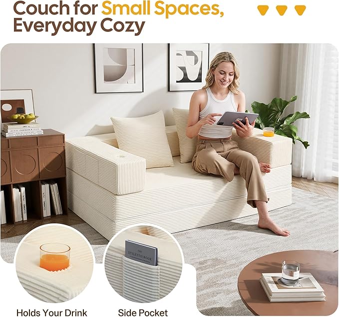 COMAX Futon Sofa Bed, 4‑in‑1 Convertible Sofa Bed, Folding Boneless Couches for Living Room, Fold Out Small Foldable Loveseat Floor Sleeper Comfy Mattress Lounge Space‑Saving, Beige