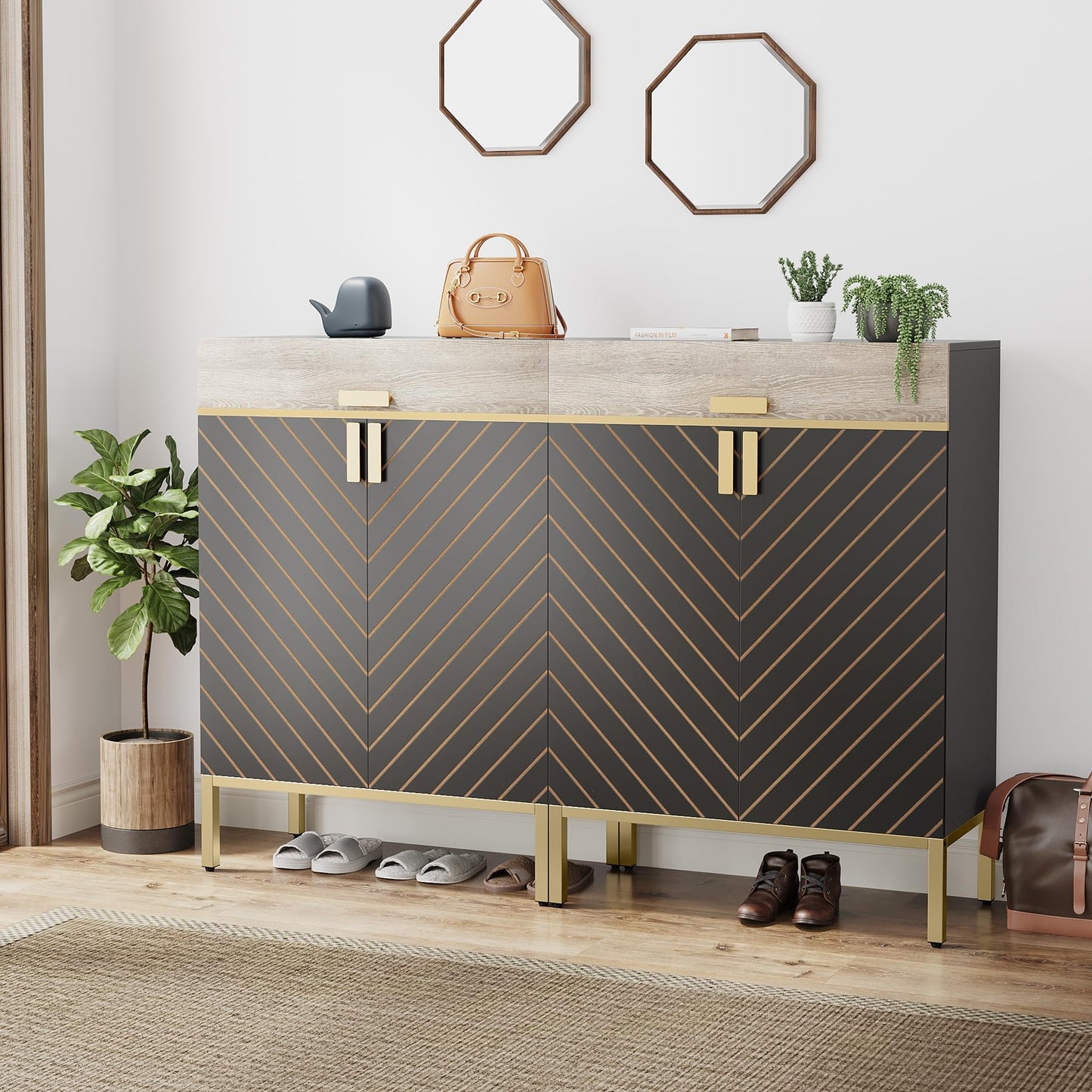 Tribesigns Shoe Cabinet with Doors, 4-Tier Shoe Storage Cabinet with Drawer & Adjustable Shelves, Slim Wooden Entryway Organizer for Bedroom, Closet, Hallway, Gray/Gold
