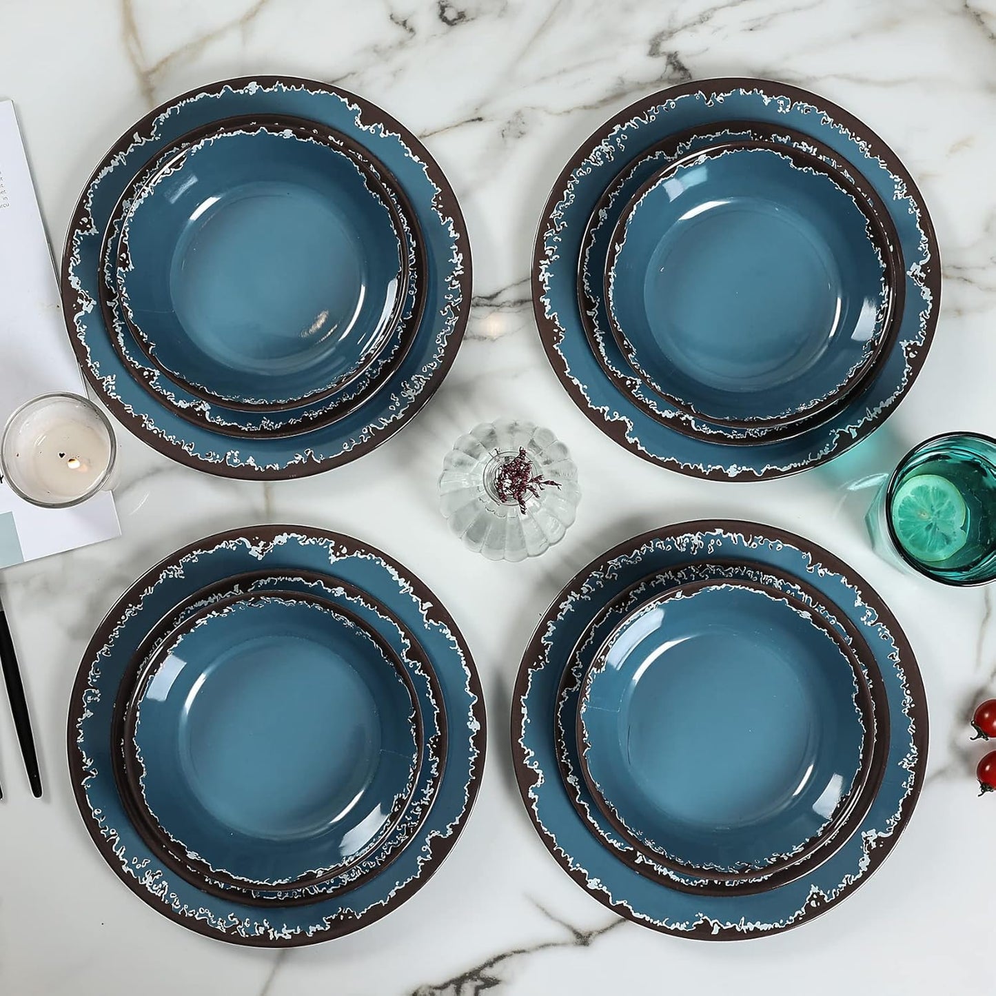 Melamine Dinnerware Set - Yinshine 12-Piece Dishes Set,Shatterproof Plates and Bowls Sets, Lightweight,Unbreakable,Dishwasher Safe,Blue