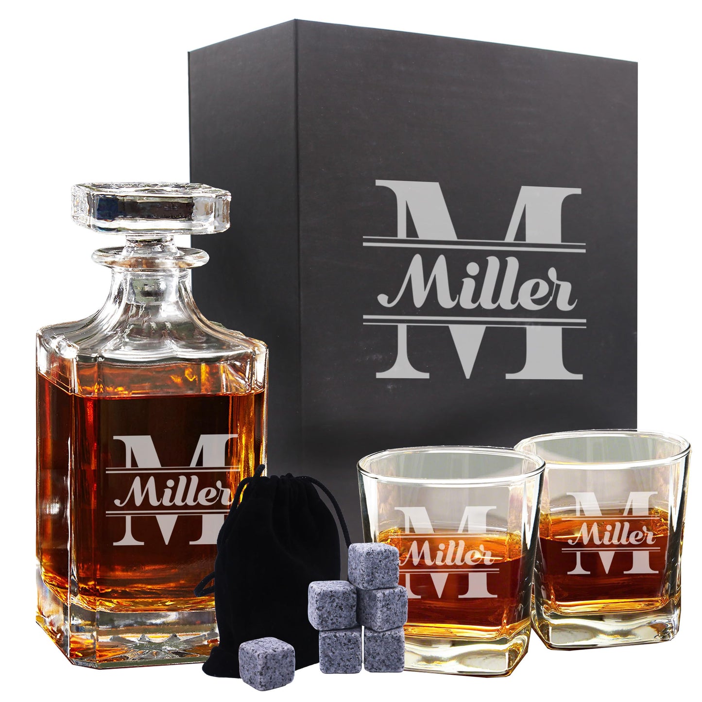 The Wedding Party Store, Personalized Whiskey Decanter and 2 Glasses Set - Custom Engraved with WPS Design