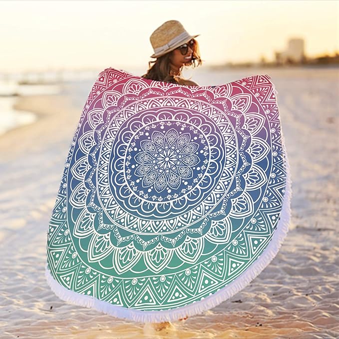 Oversize Round Mandala Beach Towel Blanket, Circle Microfiber Bohemian Boho Quick Dry Super Water Absorbent Towel, Hippy G...