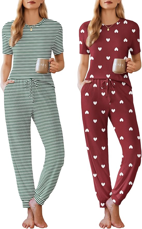 Ekouaer Pajamas for Women Set 2 Pack Lounge Set Short Sleeve Pjs Joggers Long Pants Loungepwear with Pockets