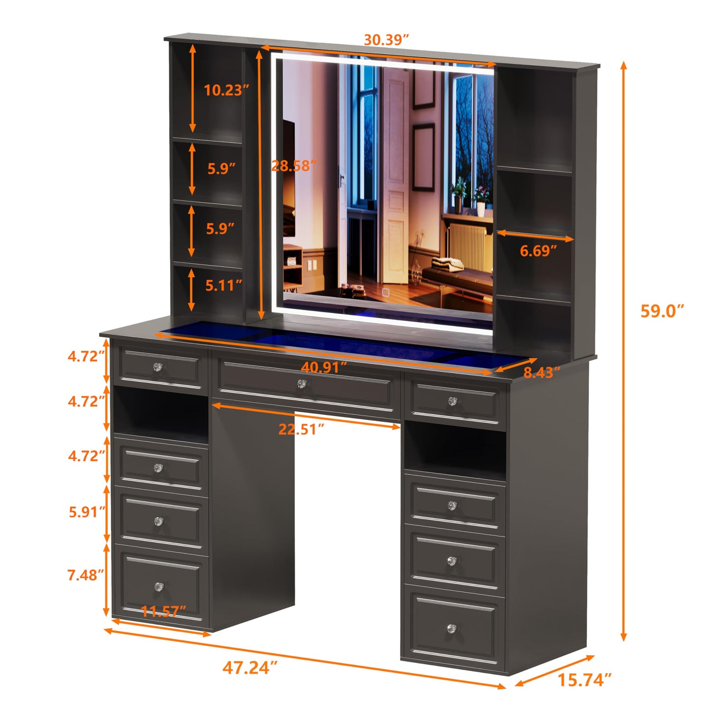 Jartoil Extra Large Vanity Desk with Lighted Mirror, 47" Makeup Vanity with Glass Top, Black Vanity Table with 9 Drawers, Tall Vanity with Crystal Knobs for Bedroom (Minimalist Style)