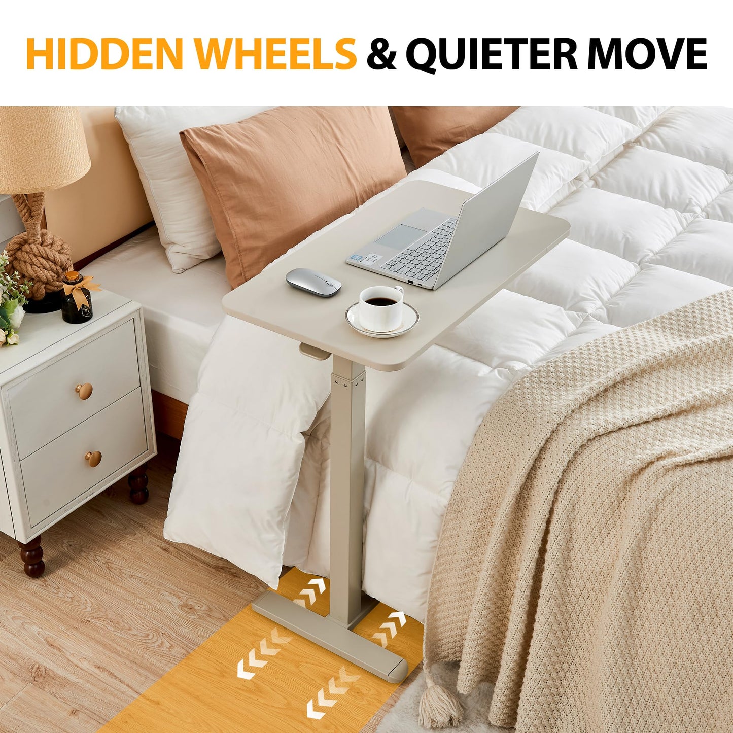 JYouHome Height Adjustable Overbed Table with Hidden Wheels, Mobile Standing Desk Hospital Bed Table Laptop Bedside Sofa Side Table, 16" D x 28" W Multi-Purpose Rolling Overbed Table, Greyish White