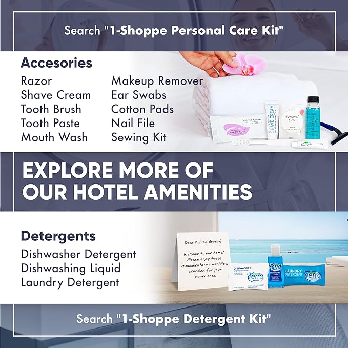 Terra Pure Hotel Soaps and Toiletries Bulk Set | 1-Shoppe All-In-Kit Amenities for Hotels | 1oz Hotel Shampoo & Conditioner, Body Wash, Body Lotion & 1.25oz Bar Soap Travel Size Toiletries | 75 Pieces