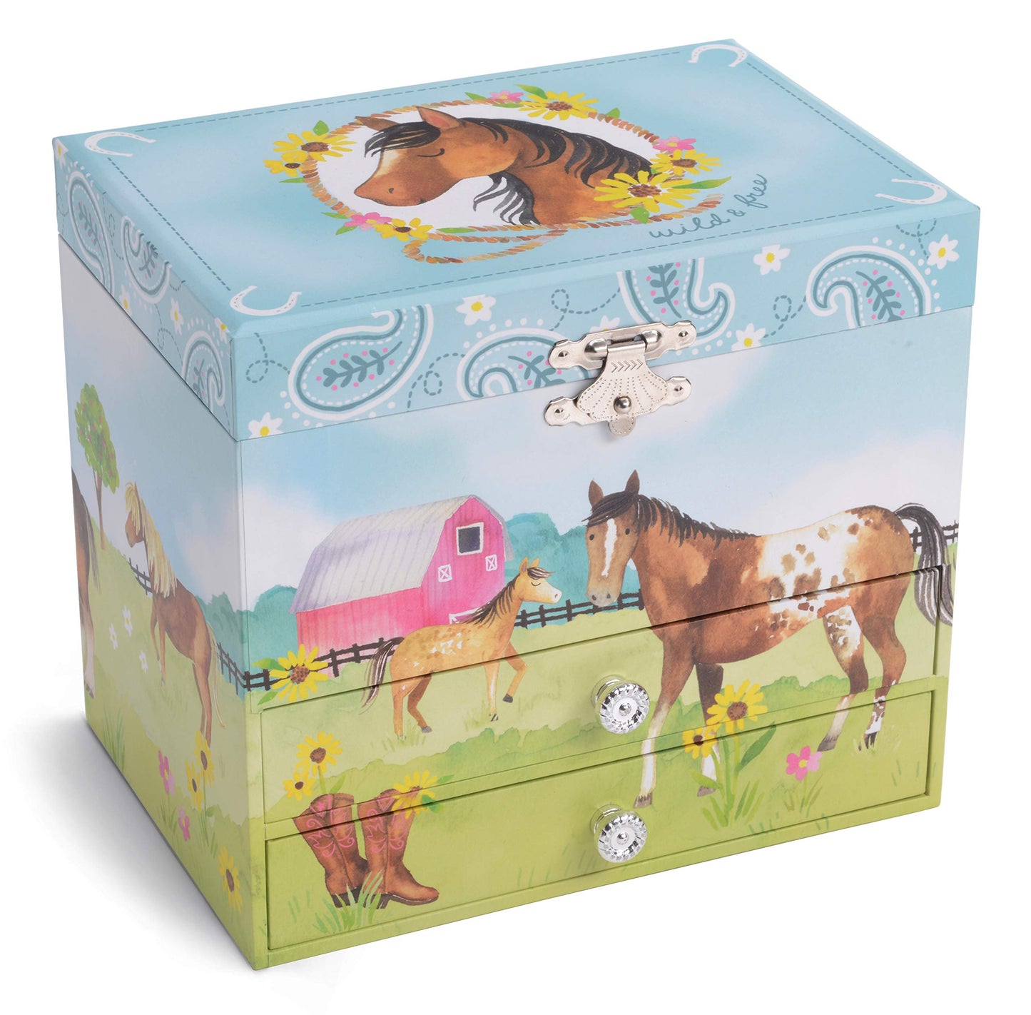Jewelkeeper Musical Jewelry Box with 2 Pullout Drawers, Horse and Barn Design, Home on The Range Tune