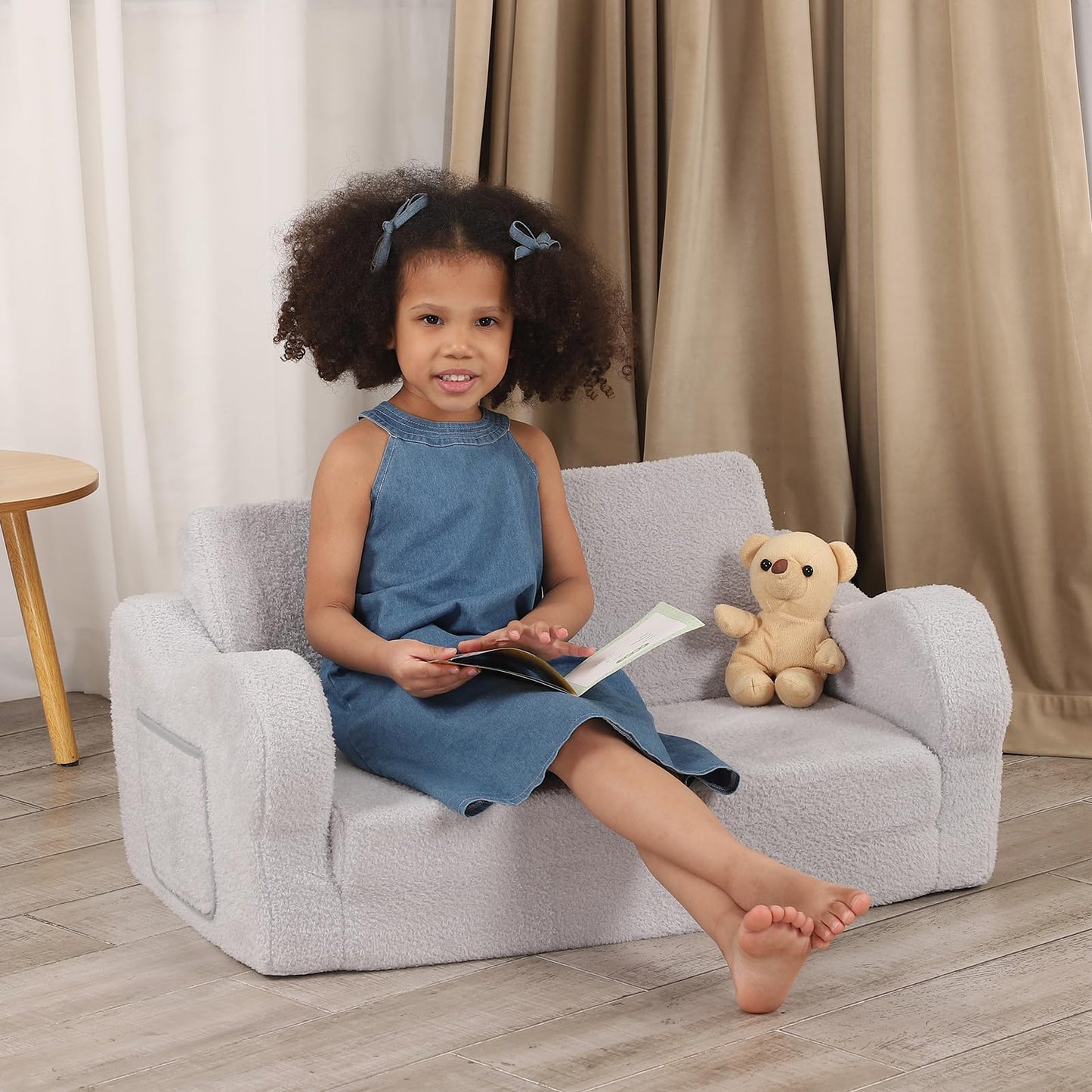 BestRoyal Extra Wide Toddler Chair, 2-in-1 Toddler Couch Fold Out, Convertible Sherpa Sofa to Lounger for Boys & Girls, Grey