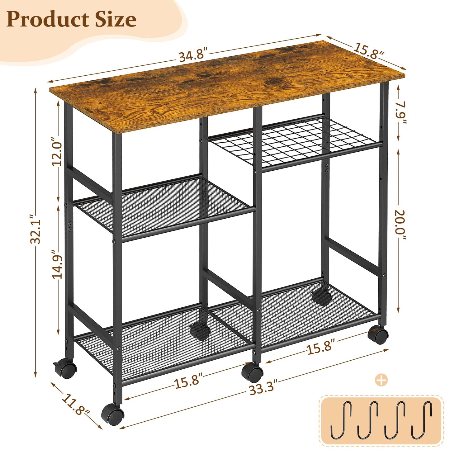 ThreeHio Kitchen Microwave Cart, Microwave Stand with Adjustable Shelf, Coffee Bar Stand Kitchen Baker's Rack with Wheels Rolling Storage Cart Organizer Shelf for Living Room, Office, Balcony