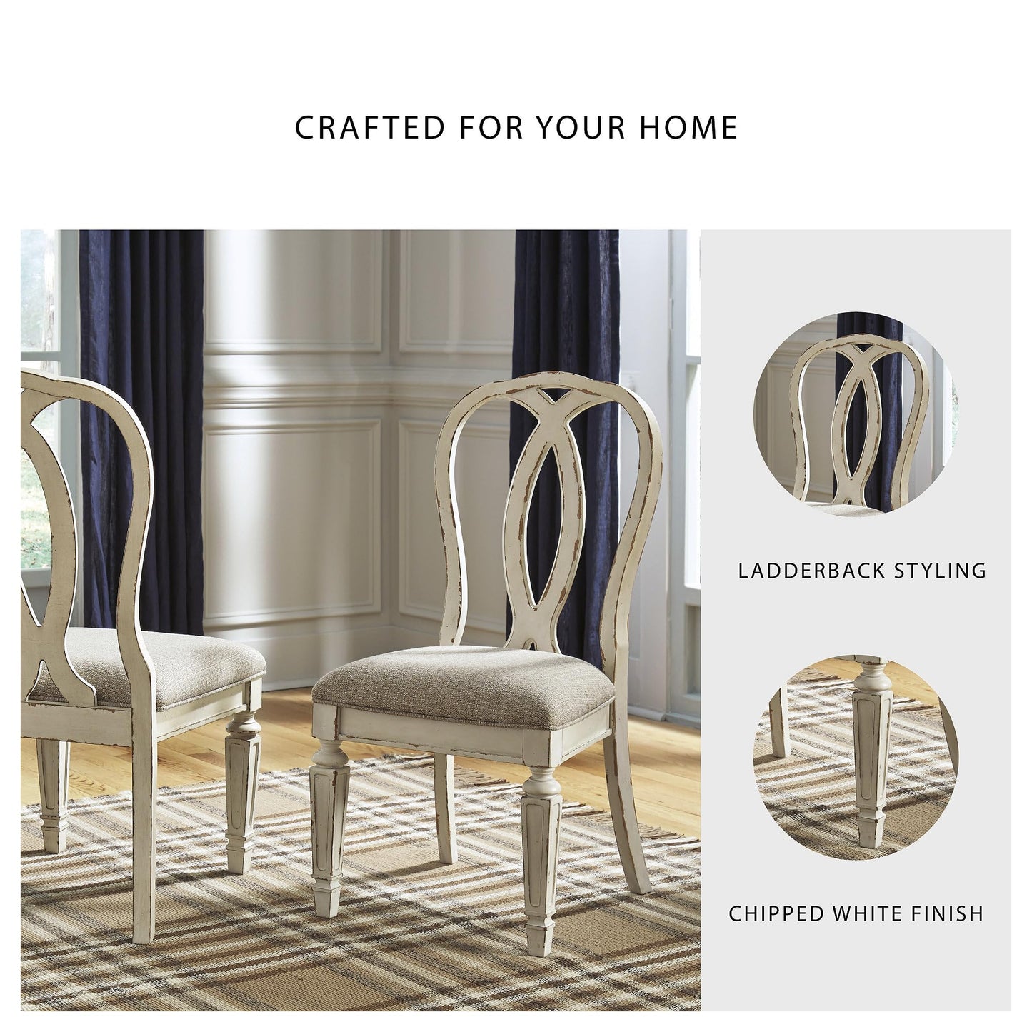 Signature Design by Ashley Realyn French Country Ribbon Back Dining Chair, 2 Count, Chipped White