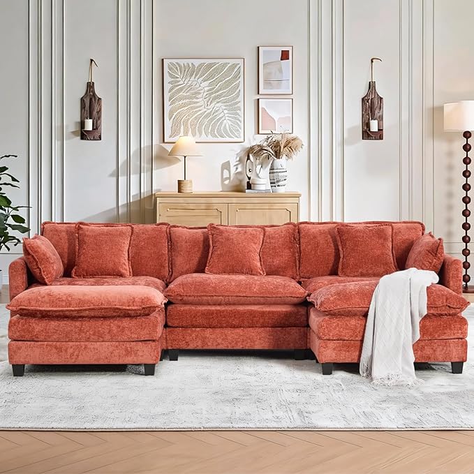 SoarFlash 113.78" Chenille Sectional Sofa, Comfy U Shaped Modular Coush Sofa with Ottoman, Modern 4 Seat Couch Deep Seat Sofa Set for Living Room,Orange