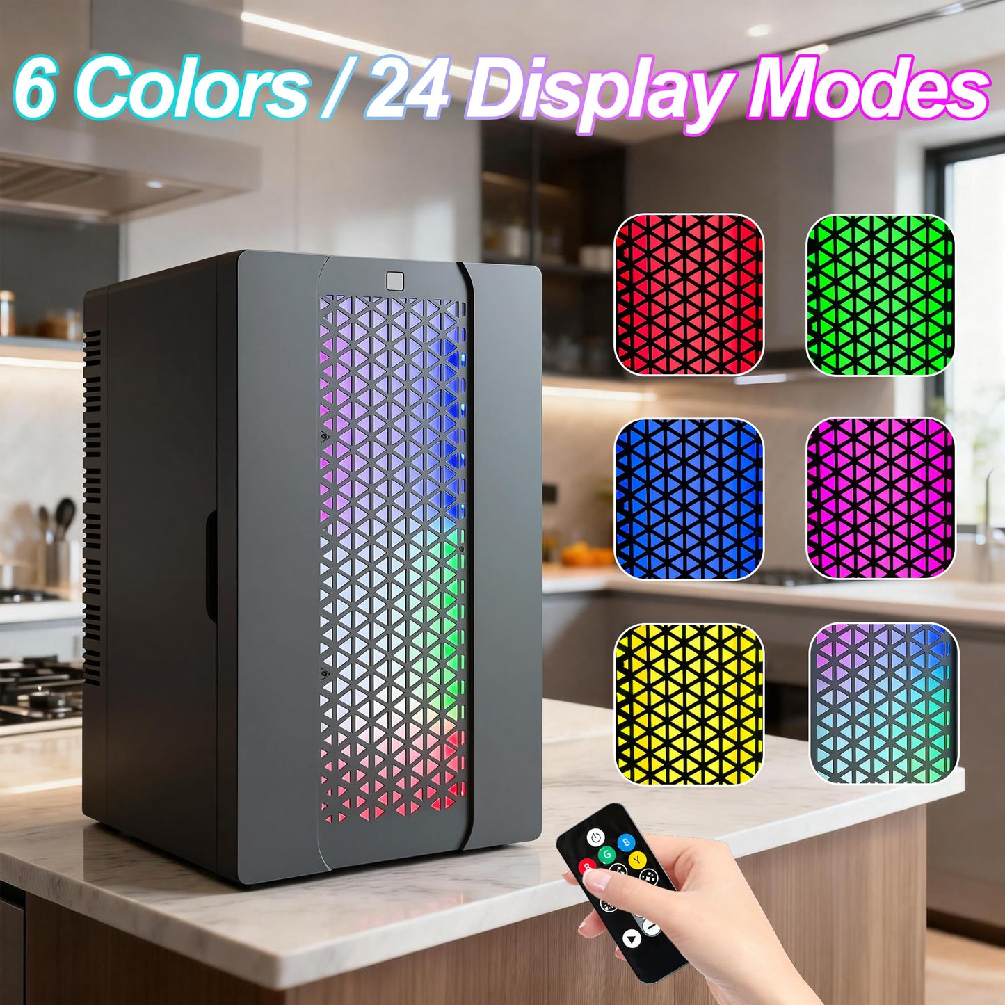 Mini Fridge, iceBlue 24 Display Modes Adjustable LED Light Gaming Mini Fridge, 10 Liter /4 Bottles Wine Fridge, Wine Cooler, Skincare Fridge with Remote Control for Bedroom, Office, Dorm, Gift - Black