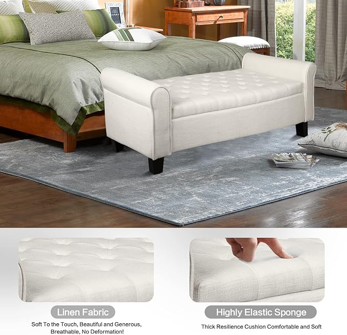 Babion Storage Bench for Bedroom End of Bed, Button Linen Fabric Storage Ottoman Bench 51 Inch, End of Bed Storage Bench with Upholstered, Rolled Arm Window Bench Seat with Solid Wood Legs, Beige