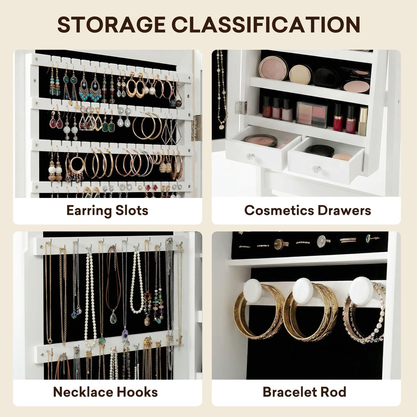 Antok Jewelry Cabinet with Full Length Mirror & Large Storage - 61" Standing Lockable Armoire Organizer, Floor to Ceiling Model for Bedroom or Dressing Room, White
