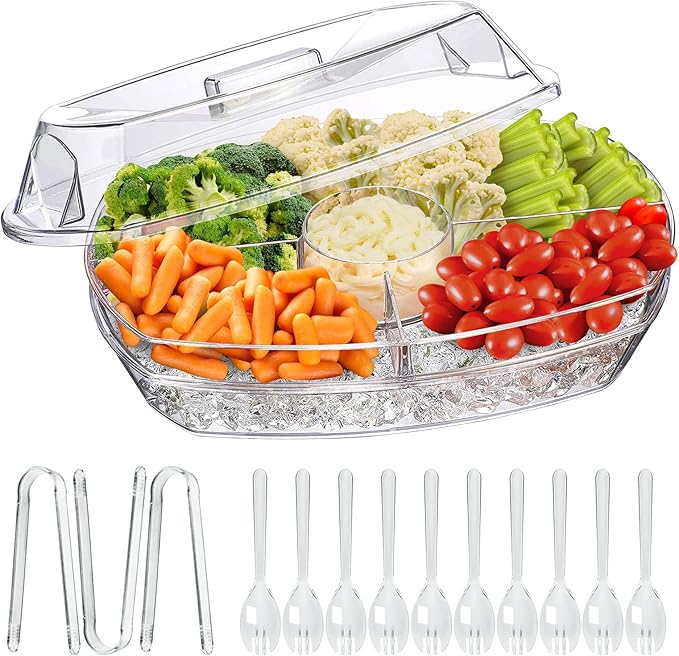 LIMOEASY Chilled Veggie Tray, 15 Inch Clear Party Platter with 4 Compartments, Ice Serving Bowl with Lid, Cold Food Buffet...