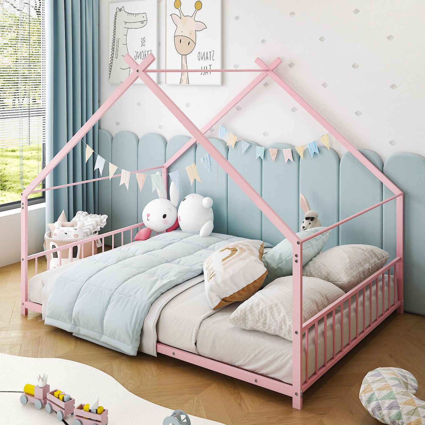 Ynredee Twin Wood House Bed,Floor Bed with Wood Slats,Metal Canopy Frame,Platform Bed with Headboard & Footboard for Boys Girls Teens,No Box Spring Needed (Pink)