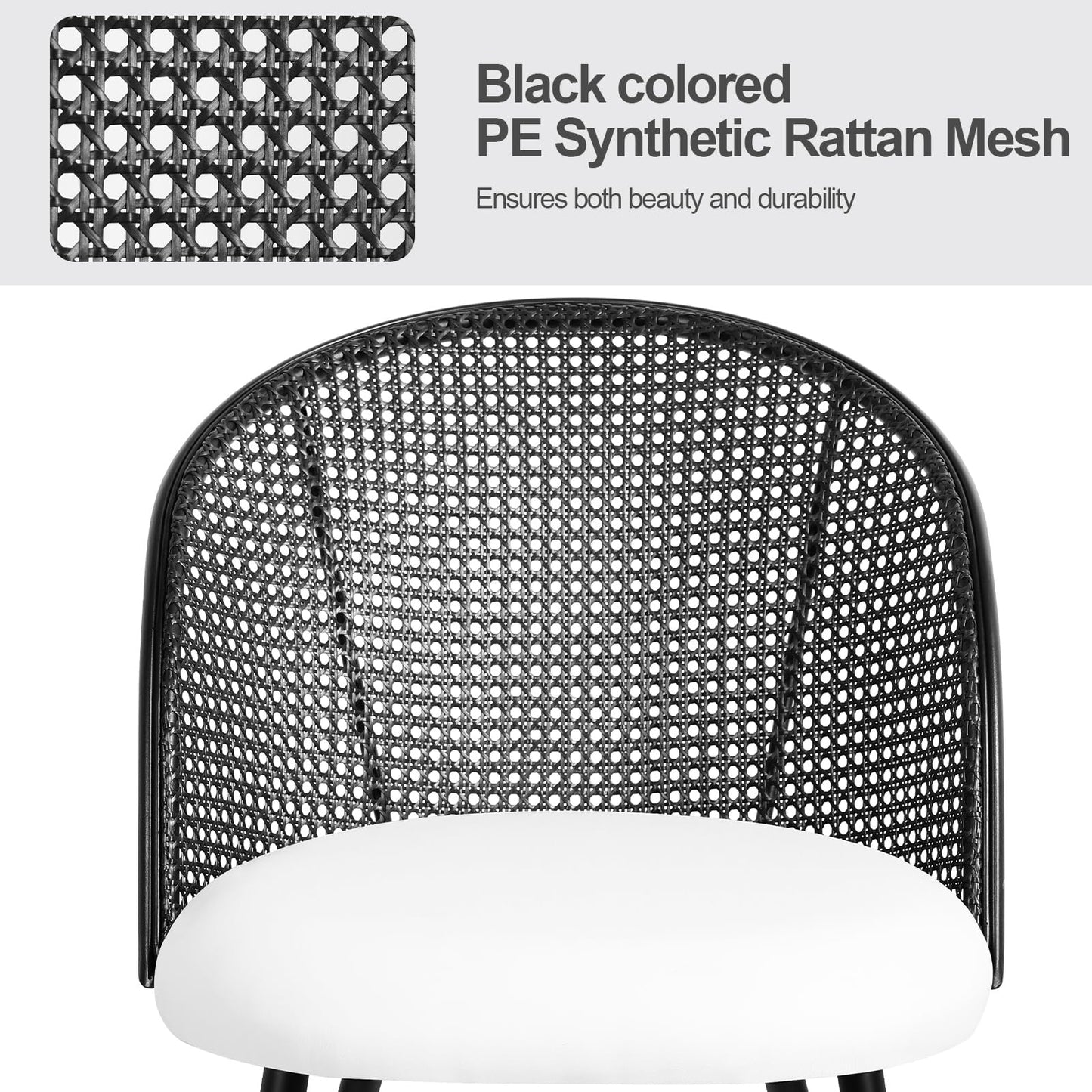 Bekrvio Rattan Dining Chairs Set of 4, Faux Leather Upholstered Dining Chairs with Black Cane Back, Mid-Century Modern Farmhouse Armless Accent Chairs for Kitchen Dining Room, Restaurant, White