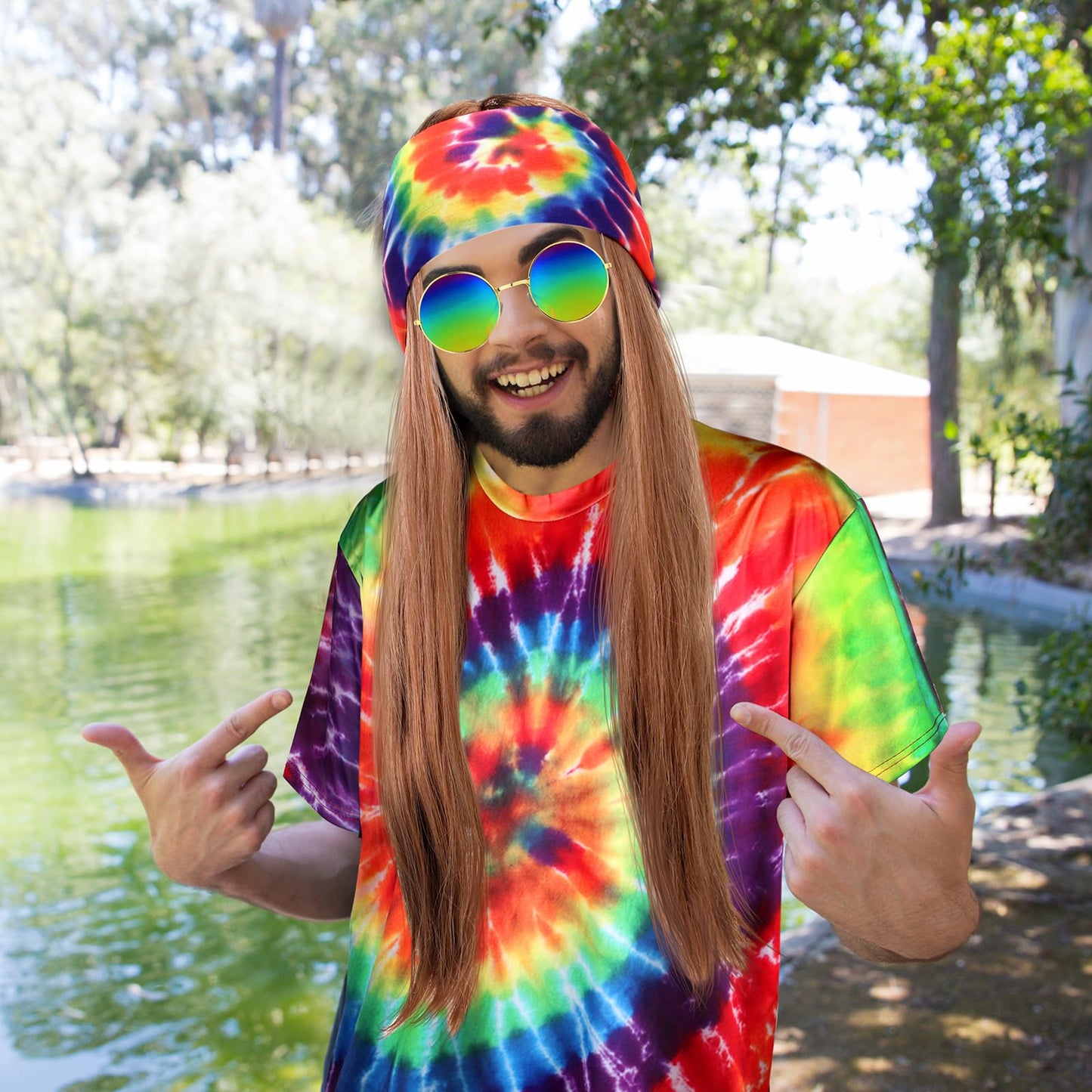 Norme 5 Pieces Mardi Carnival Hippie Costume for Men Women 70s Tie Dye T-Shirt Peace Sign Necklace Headband Wig Sunglass(Modern, X-Large)
