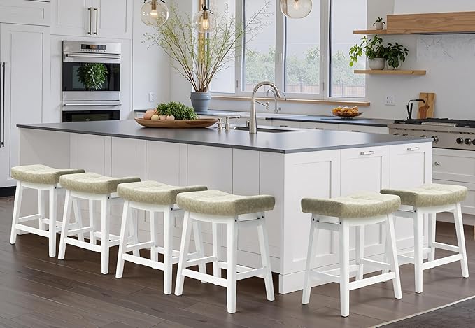 RNKSFX Counter Height Bar Stools Set of 6 for Kitchen Counter Farmhouse Modern Barstools with Faux Leather Upholstered Backless Seat and Solid Wood Legs 24 inch Bar Chairs, Light Grey + White