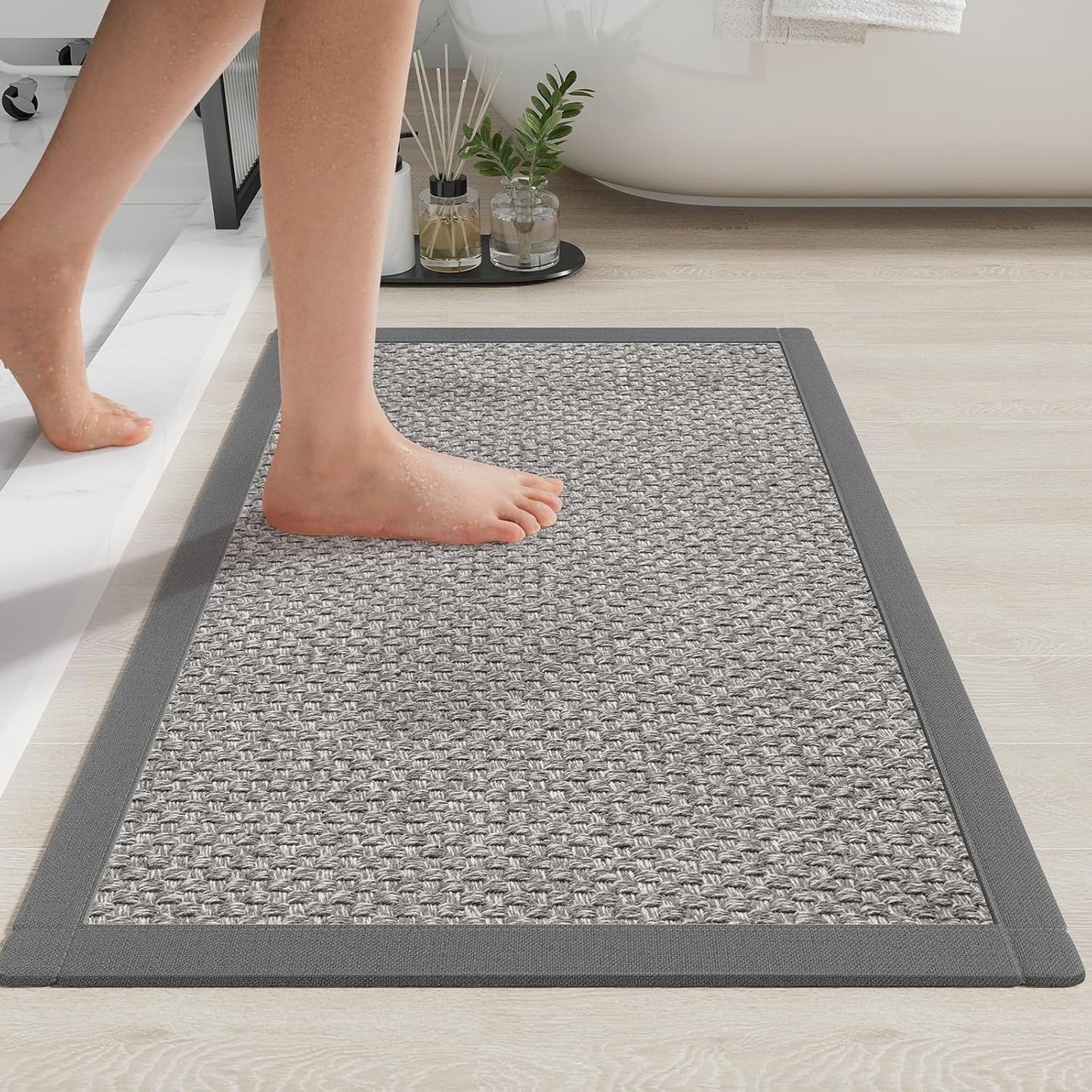 Non Slip Bath Mat Bathroom Rugs, Soft Jute-Like Ultra Thin Bath Mats, Rubber Backing Super Absorbent Quick Dry Bath Rug Shower Mat Fit Under Door Bathroom Floor, Machine Washable, Gray 24" x 36"