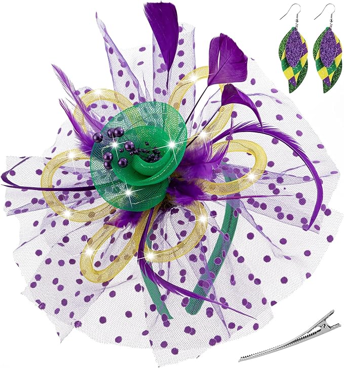 LED Light up Fascinator Hats Kentucky Fascinator Derby Flower Headband Feather Mesh Wedding Hair Clip for Women