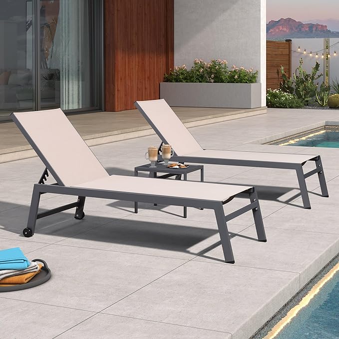 PURPLE LEAF Outdoor Chaise Lounge Set for 2 Oversized Pool Lounge Chairs with Easy-to-Move Wheels and Adjustable Backrest Extra Large Patio Loungers for Poolside Deck Beach Table Included, Sand Beige