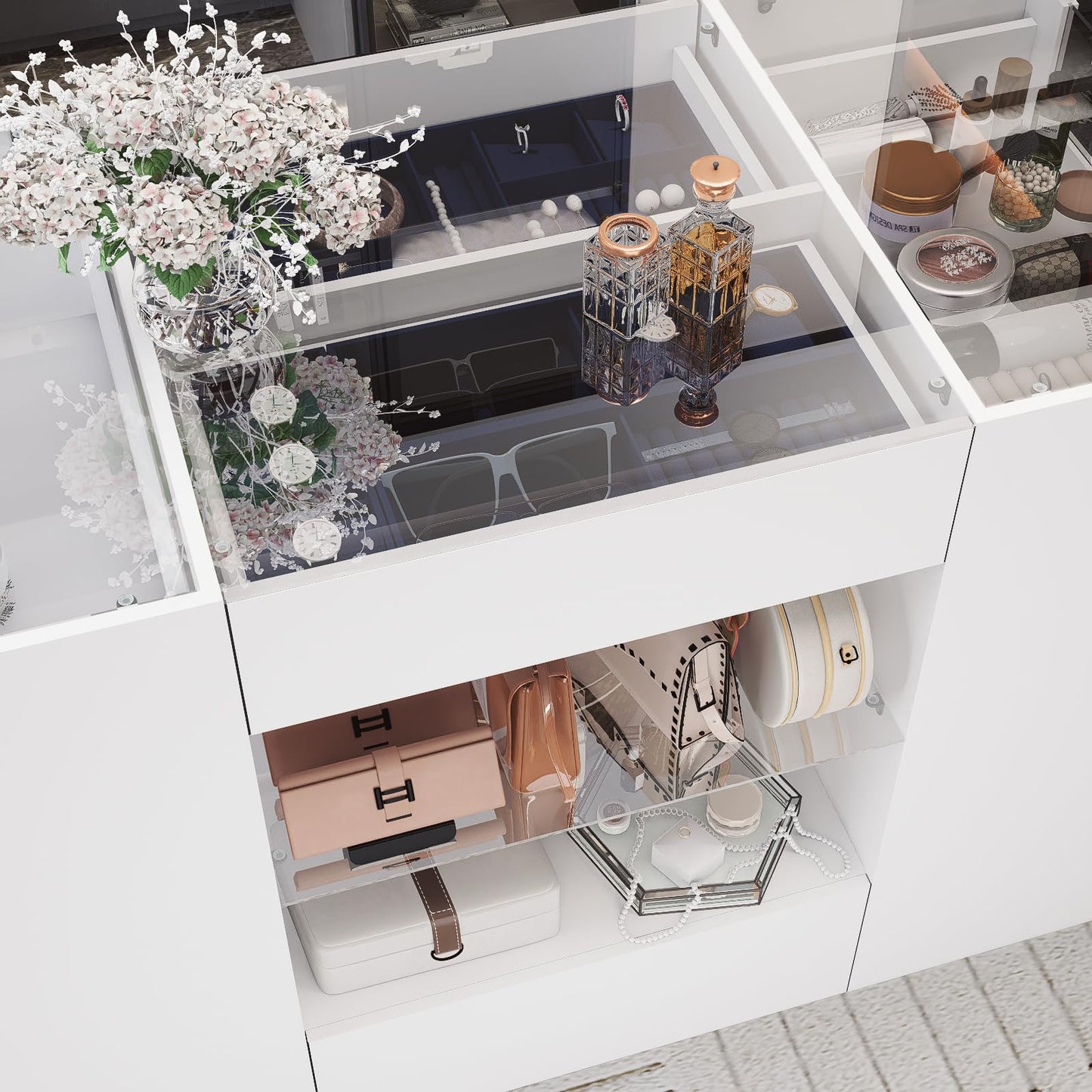LIVAUVEAD Closet Island with Drawers, Wardrobe Armoire Bedroom Island, Glass Display Shelf & 12 Drawers, White Dresser with Glass Top, Walk-in Closet Island for Bedroom, Cloakroom