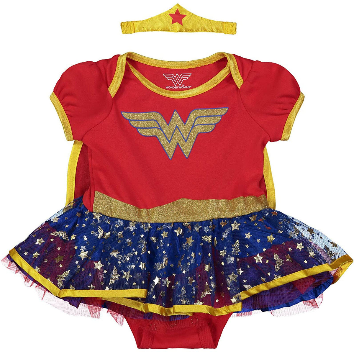 DC Comics Justice League Wonder Woman Newborn Baby Girls Cosplay Costume Bodysuit Dress Cape and Headband Set 0-3 Months