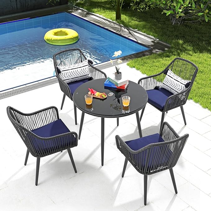 Patiorama Outdoor Dining Chairs, Patio Dining Chair Set of 6, All-Weather Woven Rope Rattan Chairs, Outdoor Dining Wicker Chair with Armrests for Indoor Balcony Pool Backyard(Blue)