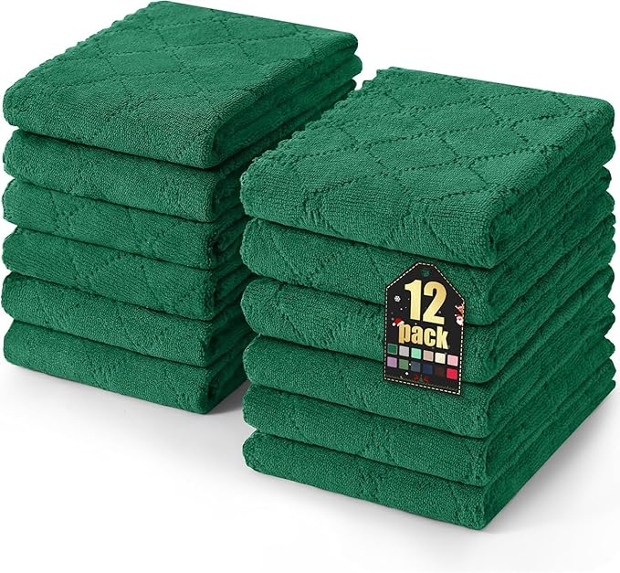 Homaxy 12 Pack Dish Towels for Kitchen (10 x 20 Inches, Dark Green), Super Soft and Absorbent Coral Velvet Dish Cloths for Washing Dishes, Nonstick Oil Fast Drying Microfiber Cleaning Cloth