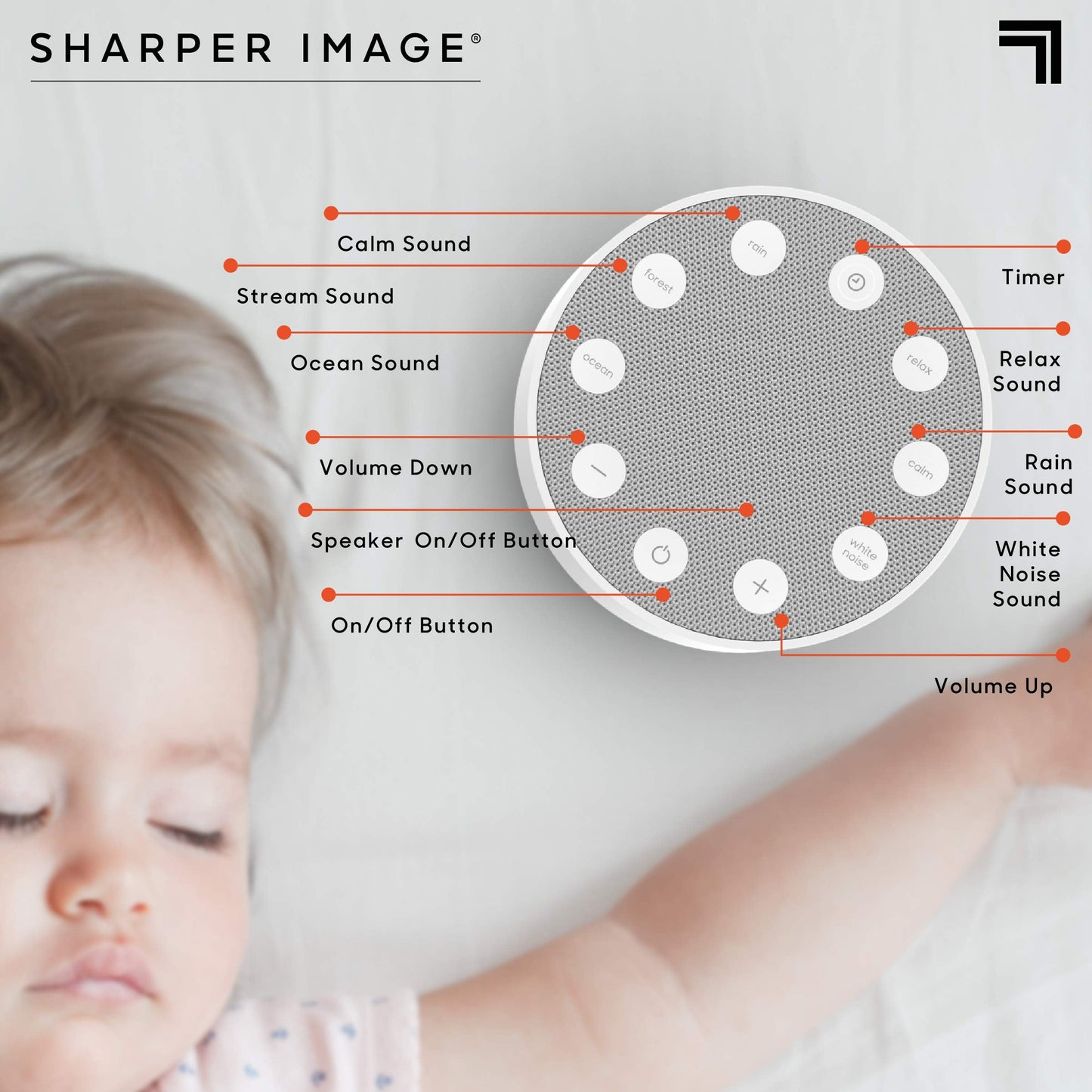 Sharper Image White Noise Sound Machine, Sleep Sounds to Support Restful Sleep, Meditation & Relaxation Naps, 6 Soothing Nature Soundscapes for Baby, Kids & Adults, Portable for Home & Travel