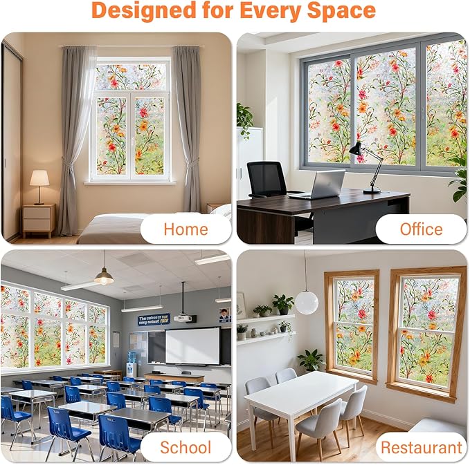 Finnez Stained Glass Window Film with Floral Pattern, Crescent Base and Rainbow Effect, Decorative Static Cling No Glue No Residue 35.4 x 157.4 Inches