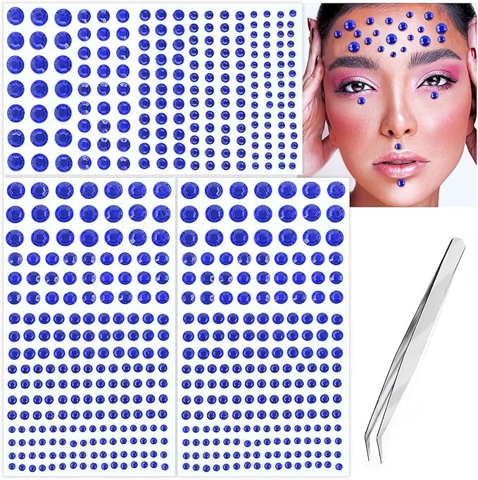 591pcs Face Gems Hair Gems Pearls, Self-Adhesive Face Jewels Eye Rhinestones 3/4/5/6/8 mm Face Gem Stick on, Halloween Makeup Gems Rave Accessories for Face Eyes Body Makeup (17.Dark Blue)