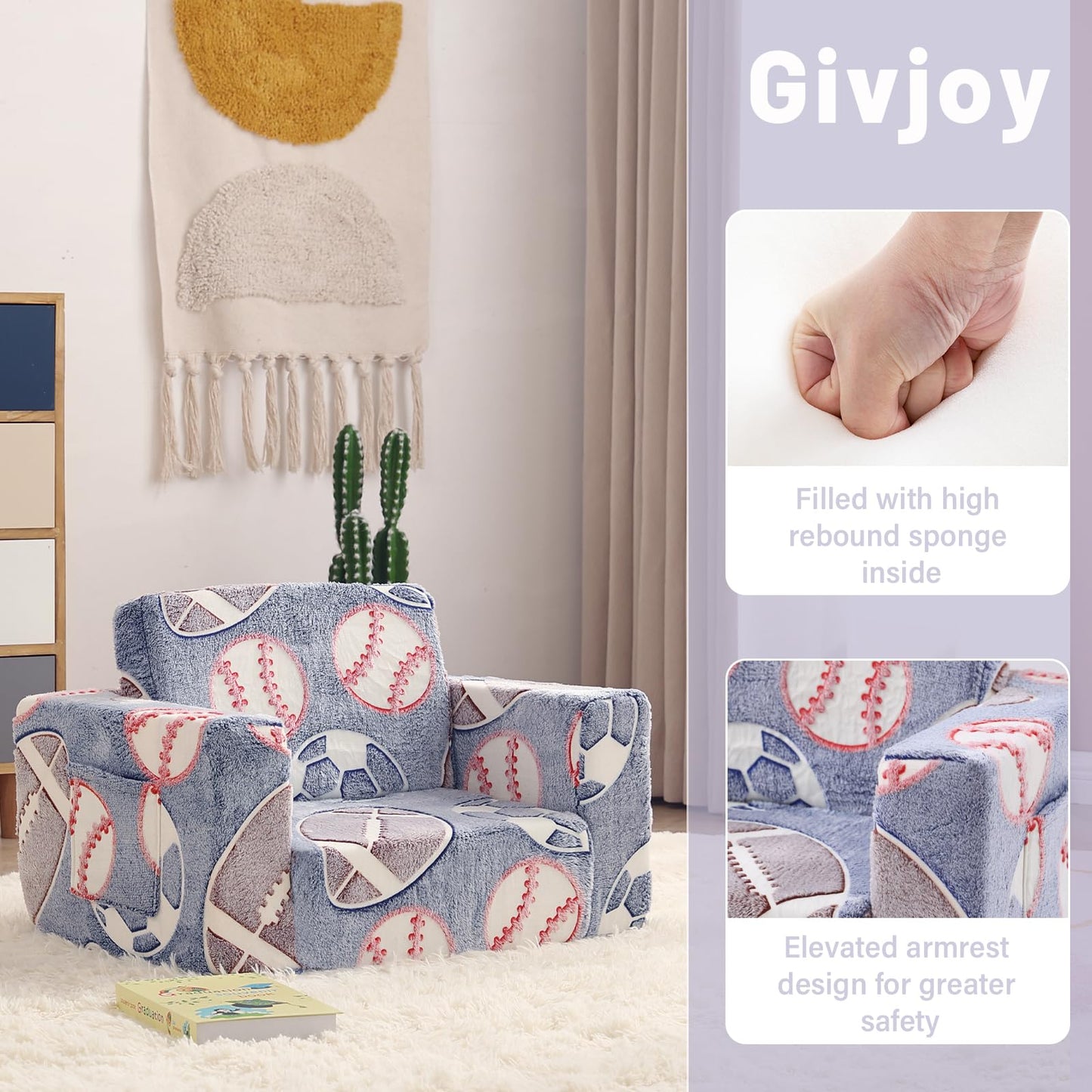 Givjoy Toddler Chair Kids Couch, 2-in-1 Toddler Soft Sherpa Couch Fold Out Armchair Glow in The Dark with Removable Cover, Convertible Reading Chair Toddler Sofa for Kids, Football