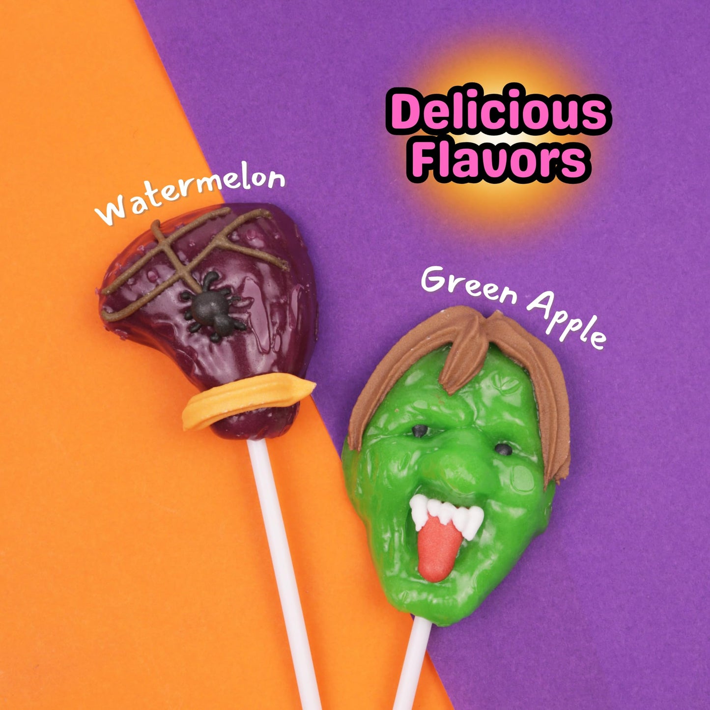 Halloween 2025 Zombie Lollipops Pops, Individually Wrapped Spooky Suckers, Green Apple and Watermelon Flavored, Trick or Treat Candy, 24 Count