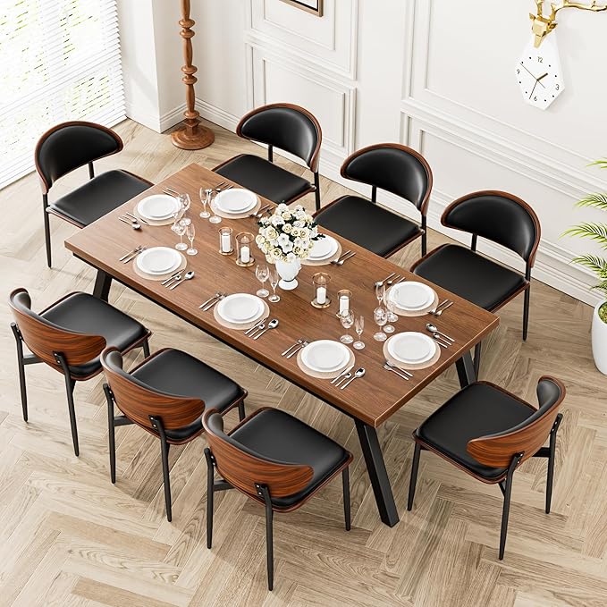 YaFiti Dining Chairs Set of 8, Dining Room and Kitchen Chairs, Mid Century Modern Retro Chair, Upholstered PU Leather Chairs for Vanity with Walnut Bentwood and Metal Legs (Black)