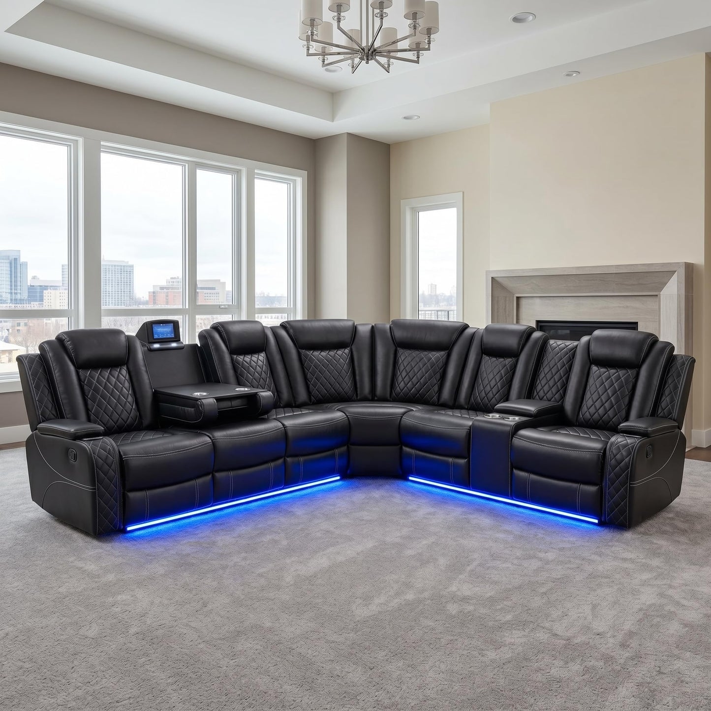 FUOROLA Power Recliner Living Room Set with LED, Breathing Leather Reclining Sectional Sofa Couches for Home Theater with Cup Holder, Storage Consloe, USB Charge