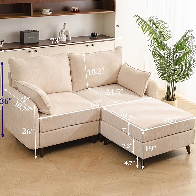 Rexulqo 73'' Loveseat Sofa with Seats Storage, Modular Sectional Couch with Movable Ottoman,Oversized Comfy Sofa with 7.8'' Cushion,24.5'' Deep Seat,Large Couches for Living Room,Bedroom,Velet,Cream
