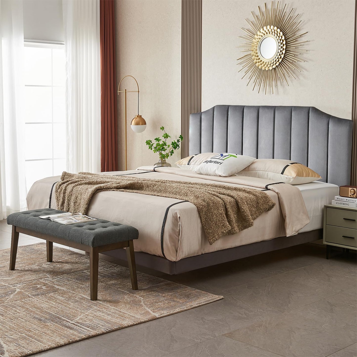 Befurtori End of Bed Bedroom Bench, Linen Upholstered Tufted Bench for Bedroom End of Bed with Solid Wood Legs for Bedroom Living Room Entryway(Dark Gray)