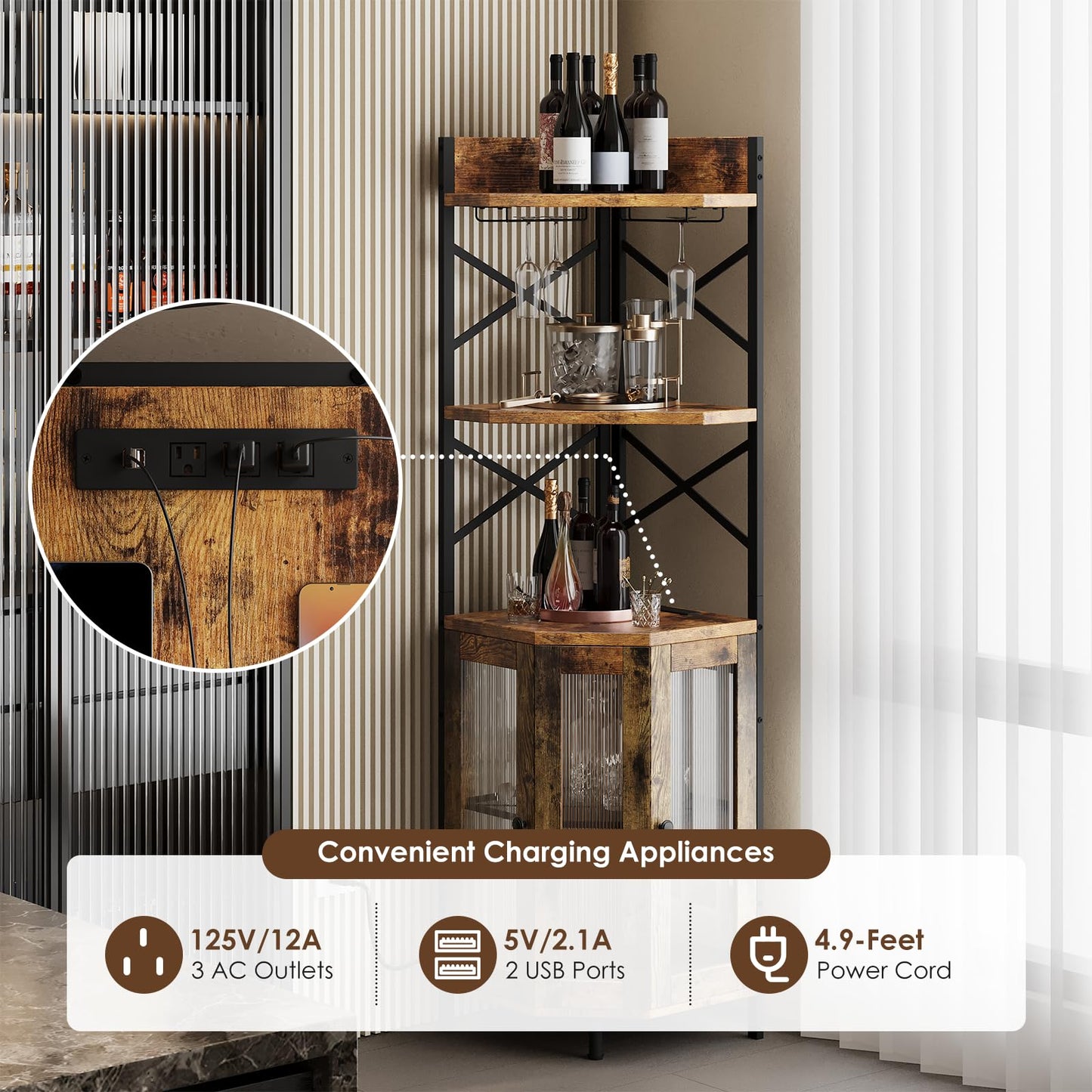 Airynee Corner Bar Cabinet with Power Outlet, 5-Tier Corner Wine Cabinet with Led Strip and Glass Holder, Industrial Tall Liquor Cabinet Bar Wine Rack for Home, Rustic Brown
